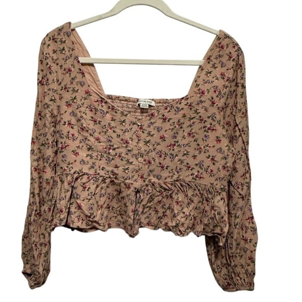 American Eagle Pink Floral Button milkmaid Crop Top womens M fairy cottage